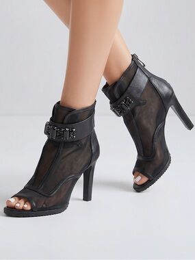NWOT Karl Lagerfeld Bryssa black sheer mesh embellished heeled ankle boots sz 7